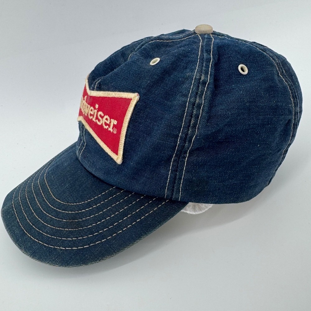 Budweiser Hat Mens OS Blue Denim Vintage Snapback Made in USA Bowtie Logo - Picture 2 of 6